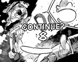  1boy 1girl :3 animal_ears braid chainsaw commentary continue cosplay crazy crazy_smile dog_ears dog_girl english_text floating_hair game_over greyscale half-closed_eyes hashtag-only_commentary highres holding holding_chainsaw hololive inugami_korone inugami_korone_(9th_costume) jason_voorhees jason_voorhees_(cosplay) listener_(inugami_korone) looking_at_another mask mask_on_head monochrome official_alternate_costume open_mouth sharp_teeth smile teeth tongue tongue_out twin_braids virtual_youtuber 