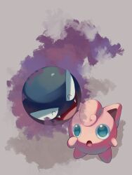  blue_eyes closed_eyes fangs floating gastly ghost highres jigglypuff no_humans open_mouth p9kfxaofqi54546 pokemon pokemon_(creature) pokemon_focus simple_background smile 