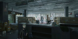  1girl 2boys abandoned absinthe_(arknights) arknights backpack bag broken_window cash_register glass_door hiding highres holding holding_knife indoors kirok_orange knife machete masked multiple_boys one_eye_covered scenery shadow sheath sheathed shelf shop shopping_cart unsheathed 