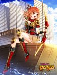 1girl armor arrow blonde_hair boat bow_(weapon) copyright_name greaves mole myoya open_mouth quiver sangoku_girls_wars sitting skirt solo watermark weapon yellow_eyes 