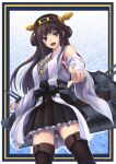 1girl ahoge bare_shoulders bit_(artist) breasts brown_hair detached_sleeves hair_ornament hairband headgear japanese_clothes kantai_collection kongou_(kantai_collection) long_hair looking_at_viewer open_mouth out_of_frame personification pointing solo thighhighs wide_sleeves 