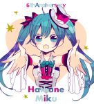  1girl aqua_eyes aqua_hair bowtie character_name detached_sleeves hat hatsune_miku inami_eno long_hair mini_top_hat open_mouth outstretched_arms solo star top_hat twintails vocaloid 