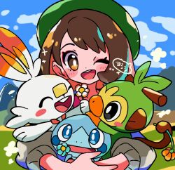  1girl :d black_eyes blue_eyes blush_stickers bob_cut brown_eyes brown_hair cardigan closed_eyes flower gloria_(pokemon) green_hat grey_cardigan grookey hat holding holding_flower hug long_sleeves looking_at_viewer monkey one_eye_closed open_mouth outdoors pokemon pokemon_(creature) pokemon_swsh rabbit scorbunny short_hair simple_background smile sobble starter_pokemon_trio upper_body yoshishi_(yosisitoho) 