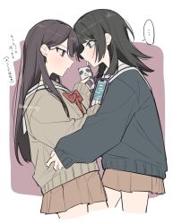  ... 2girls bang_dream! bang_dream!_it's_mygo!!!!! black_hair blue_eyes brown_cardigan brown_skirt cardigan cellphone commentary_request drinking_straw drinking_straw_in_mouth highres holding holding_carton holding_phone hug lehcar long_hair long_sleeves medium_hair multiple_girls phone pleated_skirt school_uniform serafuku shiina_taki skirt smartphone spoken_ellipsis translation_request violet_eyes yahata_umiri yuri 