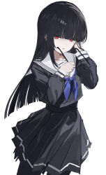  1girl adjusting_hair black_hair black_serafuku black_shirt black_skirt blue_neckerchief commentary_request cowboy_shot highres hime_cut holding holding_removed_eyewear long_hair long_sleeves looking_at_viewer mole mole_under_eye neckerchief original parted_lips pleated_skirt red_eyes school_uniform serafuku shirt simple_background skirt unworn_eyewear white_background wiersa 