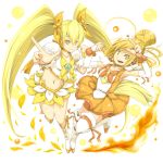  2girls bike_shorts blonde_hair boots choker cure_sunny cure_sunshine fire hair_ornament hair_ribbon happy heart heartcatch_precure! hino_akane kasetsu knee_boots long_hair looking_at_viewer magical_girl midriff multiple_girls myoudouin_itsuki navel open_mouth orange_eyes orange_hair precure ribbon short_hair shorts shorts_under_skirt simple_background skirt smile smile_precure! thigh-highs thigh_boots tiara twintails very_long_hair white_background white_legwear yellow_eyes 