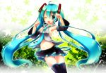  1girl ahoge aqua_hair armpits artist_name detached_sleeves green_eyes hatsune_miku headset long_hair mikoko_(mg2) nail_polish navel necktie open_mouth panties paw_pose skirt solo star striped striped_panties tattoo thighhighs twintails underwear very_long_hair vocaloid wink 
