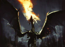  breath_weapon breathing_fire commentary cubehero dark_souls_(series) dark_souls_ii dragon english_commentary fire grey_background no_humans signature sinh_the_slumbering_dragon stalagmite western_dragon 