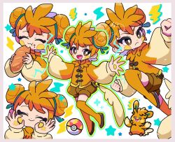  1girl :3 :d blue_ribbon border bread bright_pupils brown_eyes brown_shoes brown_shorts chinese_clothes double_bun eating eyeshadow fast_ball food full_body grey_border hair_bun kneehighs loaf_of_bread looking_at_viewer makeup multiple_views orange_hair orange_shirt orange_socks pawmot personification pink_eyeshadow poke_ball pokemon pokemon_(creature) ribbon shirt shoes shorts simple_background smile socks solo standing white_background white_pupils yoshishi_(yosisitoho) 
