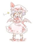  1girl :d arms_up ascot bat_wings blue_hair closed_eyes dress hands_on_hat hat hat_ribbon hat_tug maru_usagi mob_cap open_mouth pigeon-toed pink_dress puffy_sleeves remilia_scarlet ribbon sash short_sleeves simple_background smile solo touhou translated uu~ white_background wings 