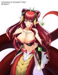  1girl bangs blush bra breasts butter-t choker claws cleavage hair_ornament hand_behind_head jewelry lamia large_breasts long_hair looking_at_viewer midriff monster_girl navel original payot pointy_ears red_eyes redhead scales simple_background smile solo text underwear 