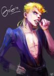  1boy absurdres blonde_hair blue_eyes brushing_teeth giorno_giovanna hand_on_hip highres jojo_no_kimyou_na_bouken lips oreki_genya pajamas signature simple_background solo toothbrush 