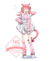  1girl :d absurdres alternate_costume animal_ear_fluff animal_ears apron arm_at_side artist_name bell bow cat_ears cat_girl cat_tail commentary_request double_vertical_stripe enmaided fangs footwear_ribbon frilled_apron frills full_body hair_bell hair_between_eyes hair_ornament hair_ribbon hand_on_own_hip heart highres holding holding_tray jacket jersey_maid kneehighs long_sleeves looking_at_viewer loose_socks low_twintails mad_mew_mew maid maid_apron maika_(maikaoekaki) medium_hair miniskirt open_mouth petticoat pink_bow pink_hair pink_jacket pink_ribbon pink_skirt pink_socks pink_tail pleated_skirt puffy_long_sleeves puffy_sleeves ribbon shadow shoes simple_background skirt smile socks solo standing straight-on swept_bangs tail tail_bell tail_bow tail_ornament teeth tongue track_jacket tray turtleneck turtleneck_jacket twintails unconventional_maid undertale upper_teeth_only utdr_(toby_fox) v-shaped_eyebrows watermark white_apron white_background white_shoes wide-eyed yellow_eyes 