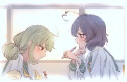  2girls ahoge araga_kiwi black_hair blonde_hair double_bun green_sailor_collar hair_bun hand_on_own_chin heart heart_ahoge hiiragi_utena hiiragi_utena's_school_uniform holding holding_pen holding_pencil huge_ahoge long_hair long_sleeves mahou_shoujo_ni_akogarete medium_hair multiple_girls pen pencil sailor_collar school_uniform serafuku shirt sitting smile uirotori violet_eyes white_serafuku white_shirt yellow_eyes 