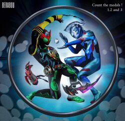  2boys alien ankh_(ooo) arm_up armor armored_bodysuit artist_name beliarok black_armor black_bodysuit black_skin blue_background blue_eyes blue_skin bodysuit breastplate color_timer colored_skin commentary compound_eyes core_medal crossed_wrists crossover disembodied_hand dorsal_fin english_text from_side full_body gauntlets glowing glowing_eyes gradient_background gradient_eyes green_eyes helmet highres kamen_rider kamen_rider_ooo kamen_rider_ooo_(series) knee_up looking_at_another multicolored_eyes multicolored_skin multiple_boys obakelope0530 ooo_driver pectorals power_armor red_skin silver_skin sword tatoba_(ooo_combo) tokusatsu toned toned_male trait_connection two-tone_eyes ultra_beam ultra_series ultraman_z ultraman_z_(original) ultraman_z_(series) weapon white_eyes wrinkled_skin 