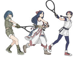 3girls ainu_clothes arm_up belt black_belt black_hair blue_bodysuit blue_eyes blue_gloves blue_hair bodysuit boots bow braid brown_boots brown_eyes buttons cropped_jacket double-breasted dougi earrings fingerless_gloves full_body fur-trimmed_boots fur_trim gloves green_boots green_gloves green_jacket green_shorts green_socks grin hair_bow hairband headband highres holding holding_racket jacket jewelry knife_sheath leona_heidern long_hair loose_socks martial_arts_belt multiple_girls nakoruru ponytail racket red_bow red_hairband red_headband red_shoes samurai_spirits sheath sheathed shoes short_sleeves shorts simple_background single_braid skrmtl smile sneakers socks spandex tennis_racket the_king_of_fighters triangle_earrings weapon white_background white_dougi white_socks wide_ponytail yuri_sakazaki 
