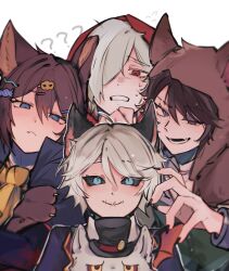  4boys :&lt; :d alternate_costume andrew_kreiss animal_ears animal_hands black_nails black_sclera blue_eyes brown_hair bruise bruised_eye colored_sclera edgar_valden fang fingernails food-themed_hair_ornament hair_ornament hair_over_one_eye hairclip hairpin half-closed_eye highres identity_v injury kg66_ttv looking_at_viewer luca_balsa male_focus multiple_boys multiple_hairpins official_alternate_costume pumpkin_hair_ornament raised_inner_eyebrows red_eyes red_hood sharp_fingernails skin_fang smile sweat uneven_eyes victor_grantz victor_grantz_(specter) violet_eyes white_hair wolf_ears wolf_hood 