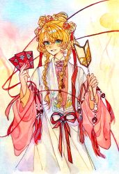  1girl absurdres blonde_hair braid chinese_clothes grin hand_fan hands_up hanfu highres holding holding_fan hongbao looking_at_viewer low_twin_braids official_alternate_costume painting_(medium) pink_hanfu reverse:1999 sangyi shuangyaji smile solo sotheby sotheby_(the_red_thread_of_fate) traditional_media twin_braids upper_body watercolor_(medium) 