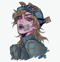  1boy androgynous argyle_clothes argyle_sweater bandage_on_face bandages bandaid bishounen blonde_hair blue_eyes blue_helmet blue_lips blue_sweater commentary_request cropped_torso diego_brando fangs helmet highres jojo_no_kimyou_na_bouken male_focus nokoa_36 open_mouth solo sparkle steel_ball_run sweater teeth turtleneck turtleneck_sweater white_background 