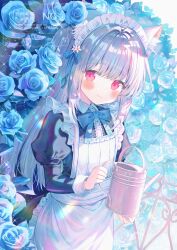  1girl animal_ear_fluff animal_ears apron black_dress blue_bow blush bow cat_ears cat_girl closed_mouth commentary_request dress flower frills garden grey_hair hair_between_eyes hair_ornament highres holding holding_watering_can ikari_(aor3507) long_hair long_sleeves looking_at_viewer maid maid_apron maid_headdress original pink_eyes red_eyes rose smile solo watering_can watermark white_apron 