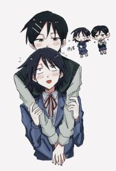  2girls :d behind_another black_hair black_sweater_vest blazer blue_jacket blue_skirt blush chibi chibi_inset commentary cropped_torso flying_sweatdrops full_body futsuu_no_keion-bu green_eyes grey_shirt hair_ornament hairpin hatono_chihiro heart height_difference hug hug_from_behind jacket kouyama_rin long_sleeves looking_at_another multiple_girls neck_ribbon open_mouth own_hands_together pixie_cut pleated_skirt red_ribbon ribbon sanpaku school_uniform ship_name shirt short_hair simple_background skirt small_pupils smile sweater_vest yuri yuyuyu19990926 
