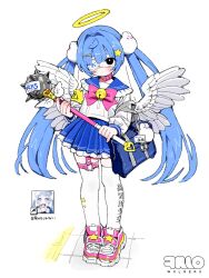  1girl angel angel_wings animal_collar armband bag bell black_eyes blue_hair blue_sailor_collar blue_skirt blush bow closed_mouth club_(weapon) collar dot_mouth dot_nose eyepatch feathered_wings frilled_sailor_collar frills full_body hair_ornament hairclip halo highres holding holding_weapon icon_(computing) long_hair long_sleeves looking_at_viewer mace medical_eyepatch o-ring o-ring_thigh_strap original pink_bow pink_collar pink_shoes pleated_skirt sailor_collar school_bag school_uniform serafuku shirt shoes sign skirt sneakers solo spiked_club standing star_(symbol) star_hair_ornament thigh-highs thigh_strap traditional_halo twintails very_long_hair warning_sign weapon white_background white_shirt white_thighhighs white_wings wings wolrero yellow_armband 