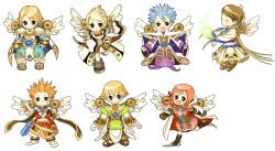  3girls 4boys absurdly_long_hair aqua_eyes aqua_gemstone aqua_skirt arm_belt arm_wrap armor artist_request asgard belt black_boots blonde_hair blue_cape blue_gemstone blue_trim blush boots brown_collar brown_gloves brown_sandals brown_shoes cape chibi chibi_only clenched_hands closed_eyes closed_mouth coat collar cross-laced_coat detached_sleeves dress foot_wraps gem gladiator_sandals gloves gold_trim gold_wrist_cuffs hairband hand_on_own_hip knee_boots lapels light_particles long_hair long_skirt looking_to_the_side multiple_boys multiple_girls nexon notched_lapels official_art open_mouth orange_hair pauldrons pink_dress pink_hair pointy_shoes purple_skirt purple_sleeves red_cape sandals second-party_source sheath sheathed shoes shoulder_armor skirt sleeveless sleeveless_coat sleeves_past_wrists spiky_hair straight_hair sword two-sided_cape two-sided_fabric very_long_hair weapon white_background white_cape white_coat white_hairband white_skirt white_sleeves white_wings wings wrist_cuffs yellow_belt 