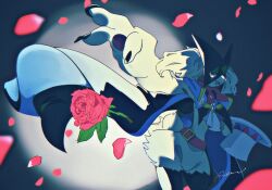  1other animal_hands black_background black_cape black_fur cape flower furry green_fur green_hair half-closed_eyes hat holding holding_unworn_clothes holding_unworn_hat looking_at_viewer meowscarada open_mouth other_focus pawpads pink_eyes pink_flower pink_petals pink_rose pokemon pokemon_(creature) rendoll rose short_hair short_tail simple_background solo spotlight standing tail top_hat two-tone_fur unworn_hat unworn_headwear upper_body white_hat 