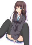  1girl aqua_eyes black_legwear brown_hair cardigan fuuma_(humawww) idolmaster idolmaster_cinderella_girls long_hair long_sleeves looking_at_viewer necktie school_uniform shibuya_rin skirt solo thighhighs white_background 