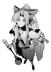  1girl absurdres alcohol bow club_(weapon) foreshortening from_above gourd greyscale hair_bow hakurei_reimu hakurei_reimu_(pc-98) highres large_bow long_hair looking_at_viewer looking_up monochrome oni sake simple_background sketch solo standing tougou_(goodbye_tender) touhou touhou_(pc-98) weapon white_background 