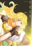  1girl ahoge blonde_hair breasts cleavage copyright_name dated dy_(372127010) long_hair rwby scarf smile solo violet_eyes yang_xiao_long 