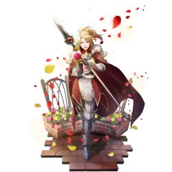  1boy ahoge armor armored_boots artist_request belt black_belt black_shirt blonde_hair boots bracer brick_road cape collared_tunic couter cuisses falling_petals flower flower_request forehead full_body game_cg glint gold_trim grey_boots hand_on_own_hip high_collar holding holding_flower holding_polearm holding_weapon kitamura_motoyasu legendary_spear_(small_spear)_(tate_no_yuusha_no_nariagari) legendary_spear_(tate_no_yuusha_no_nariagari) light_particles light_smile long_sleeves looking_at_viewer male_focus medium_hair messy_hair multiple_belts official_art open_mouth pants parted_bangs pauldrons petals pink_flower pink_rose pinstripe_pants pinstripe_pattern pinstripe_shirt polearm poleyn ponytail red_cape red_eyes red_tunic rose shirt short_ponytail shoulder_armor sidelocks simple_background sleeveless_tunic smile solo sparkle spear standing straight-on tate_no_yuusha_no_nariagari tate_no_yuusha_no_nariagari_rerise teeth tongue transparent_background tunic turtleneck_tunic two-tone_tunic upper_teeth_only vambraces weapon white_belt white_pants white_tunic 