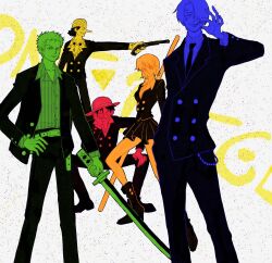  1girl 4boys commentary copyright_name curly_eyebrows curly_hair earrings facial_hair goatee goggles goggles_around_neck gun hair_over_one_eye hand_in_pocket hand_on_own_hip hat highres holding holding_gun holding_staff holding_sword holding_weapon jewelry long_nose monkey_d._luffy multiple_boys nami_(one_piece) necktie one_piece roronoa_zoro sanji_(one_piece) sash scar scar_on_face shirt short_hair sitting skirt smile staff straw_hat striped_clothes striped_shirt suit sword symbol-only_commentary ttongyyu usopp vertical-striped_clothes vertical-striped_shirt weapon 