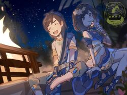  1boy 1girl :d bare_shoulders bead_necklace beads black_eyes black_hair blue_sash closed_eyes dress elio_(champion)_(pokemon) elio_(pokemon) flower flower_on_head flower_wreath grey_pants highres jewelry looking_at_viewer necklace night night_sky official_alternate_costume outdoors pants pokemon pokemon_masters_ex pokemon_sm sash selene_(champion)_(pokemon) selene_(pokemon) short_hair simple_background sitting sky sleeveless sleeveless_dress smile suikaels upper_body white_dress yellow_flower 