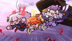  3girls absurdres aircraft arms_up black_jacket black_pants blunt_bangs bracelet center-flap_bangs closed_eyes commentary earrings english_commentary excited falling feather_earrings feathers frilled_sleeves frills gooster gradient_hair green_fur hair_flaps helicopter highres hololive hololive_english holomyth jacket jewelry jumping long_hair mole mole_under_eye mori_calliope multicolored_hair multiple_girls navel ninomae_ina&#039;nis open_mouth orange_hair outstretched_arms pants pink_eyes pink_hair poster_(object) purple_hair sidelocks sky smile straight_hair swept_bangs symbol-only_commentary takanashi_kiara tentacle_hair very_long_hair white_jacket white_pants 