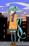  1girl absurdres blue_eyes briefcase coat green_hair hand_in_pocket hatsune_miku highres jyohatsu_(pixiv2331060) long_hair looking_at_viewer mouth_hold scarf skirt solo thighhighs toast toast_in_mouth twintails very_long_hair vocaloid 