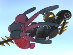  alternate_color antennae commentary_request highres ibispaint_(medium) kamen_rider kicking kosaburou lokix no_humans pokemon pokemon_(creature) pokemon_focus pokemon_sv rider_kick scene_reference shin_kamen_rider shiny_pokemon spidops v-shaped_eyes 