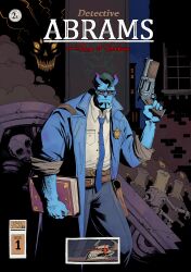  1boy abrams_(deadlock) absurdres arm_hair blue_coat blue_necktie book candle coat collared_shirt comic_cover deadlock_(game) demon_boy demon_horns frown glasses gun highres holding holding_book holding_gun holding_weapon holster horns mike_mignola_(style) necktie outdoors pants police_badge red_eyes roving_neophyte shirt skull trench_coat weapon white_shirt window 