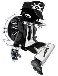  1boy black_coat black_eyes black_hair black_necktie black_skin cetacean_tail coat colored_skin cross cross_earrings deformed dilnyan03 earrings figure_four_sitting fins fish_tail full_body gauntlets hat highres invisible_chair jewelry looking_at_viewer male_focus monster_boy necktie orca_boy original peaked_cap piercing shirt short_hair simple_background single_earring single_gauntlet sitting solo tail tail_ornament tail_piercing white_background white_shirt 