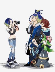  1boy 4girls adaman_(pokemon) arezu_(pokemon) arm_wrap armband bare_shoulders black_armband black_choker black_hair black_pantyhose blonde_hair blue_coat blue_eyes blue_hair blush bob_cut breasts brown_eyes camera choker closed_eyes closed_mouth coat cocoa_s3 collar colored_skin cowlick crop_top denim diamond_clan_outfit earrings eyebrow_cut fangs floral_print flower gradient_hair green_hair grey_shirt grey_sports_bra hair_flower hair_ornament hand_wraps highres hisuian_lilligant holding holding_camera hood hoodie jacket jeans jewelry long_sleeves loose_hair_strand mai_(pokemon) midriff monster_girl multicolored_hair multiple_girls munchlax neck_ring off-shoulder_shirt off_shoulder open_mouth pants pantyhose pantyhose_under_shorts perrin_(pokemon) photographer pink_eyes pink_flower plant_girl pokemon pokemon_(creature) pokemon_legends:_arceus pokemon_sv red_hair ribbed_shirt shirt short_hair shorts simple_background sleeveless sleeveless_shirt smile sports_bra taking_picture undershirt ursaluna watch watch white_background white_skin 