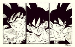  3boys bardock close-up collarbone dragon_ball dragon_ball_super dragon_ball_super_broly dragon_ball_z fenyon medium_hair monochrome multiple_boys multiple_persona scar scar_on_face spiky_hair twitter_username 