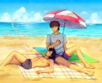  2boys beach black_hair brown_hair btk310 emiya_kiritsugu fate/zero fate_(series) kotomine_kirei multiple_boys swim_trunks umbrella 