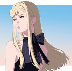  1girl bare_shoulders black_bow black_dress blonde_hair blue_eyes bow collarbone dress enelous gigi_andalusia gundam gundam_hathaway's_flash highres letterboxed lipstick long_hair long_sidelocks looking_afar looking_to_the_side makeup nose outside_border parted_lips pink_lips sidelocks sleeveless sleeveless_dress solo turtleneck turtleneck_dress upper_body 