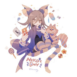  1boy aegyo_sal alice_in_wonderland_(disney) animal animal_ear_fluff animal_ears badge black_shirt black_shorts candy card cat cat_boy cat_day cat_ears cat_tail checkerboard_cookie cheshire_cat_(disney) cheshire_cat_(disney)_(cosplay) collared_jacket commentary_request cookie cosplay danganronpa_(series) danganronpa_v3:_killing_harmony english_text eyelashes eyes_visible_through_hair fake_animal_ears fake_tail finger_to_cheek food hair_between_eyes heart high_collar holding holding_card jacket joker_(playing_card) layered_sleeves lollipop long_hair_between_eyes long_sleeves male_focus medium_hair oma_kokichi open_clothes open_jacket outside_border parted_lips paw_print pink_thighhighs playing_card potion purple_hair purple_jacket purple_scarf purple_thighhighs sakura_(fein5862817) scarf shirt shorts simple_background sleeve_cuffs smile sparkle speech_bubble spoken_heart striped_clothes striped_jacket striped_thighhighs swirl_lollipop tail thigh-highs twitter_username two-tone_thighhighs vertical-striped_clothes vertical-striped_jacket violet_eyes white_background 