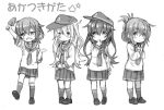  4girls akatsuki_(kantai_collection) blush fang finger_to_mouth hair_ornament hairclip hat hibiki_(kantai_collection) ikazuchi_(kantai_collection) inazuma_(kantai_collection) kantai_collection long_hair monochrome multiple_girls open_mouth personification school_uniform serafuku skirt smile trowel yanagida_fumita young 