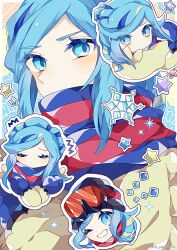  1boy beanie black_hat blue_eyes blue_hair blue_mittens blue_scarf border chibi chibi_inset goggles goggles_on_headwear grusha_(pokemon) hat highres jacket long_sleeves looking_at_viewer male_focus mittens multiple_views pokemon pokemon_sv scarf scarf_over_mouth simple_background snowflakes solo striped_clothes striped_scarf to_camellia two-tone_scarf upper_body white_border yellow_background yellow_jacket 