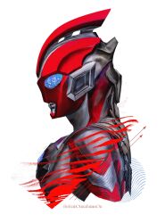  1boy alien armor arms_at_sides artist_name blue_eyes breastplate color_timer colored_skin commentary compound_eyes cropped_torso dorsal_fin from_side glowing glowing_eyes highres looking_ahead male_focus multicolored_skin obakelope0530 omega_slugger pectorals red_skin romaji_text silver_skin simple_background solo tokusatsu toned toned_male two-tone_skin ultra_series ultraman_omega ultraman_omega_(series) weapon white_background 