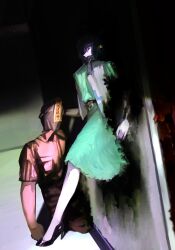  2girls bag_over_head black_shoes breast_pocket collared_shirt dress grabbing_another&#039;s_head green_dress high_heels highres hotoke_party kaku_seiga long_sleeves miyako_yoshika multiple_girls pocket purple_hair red_shirt shirt shoes short_sleeves touhou vest violet_eyes white_vest 