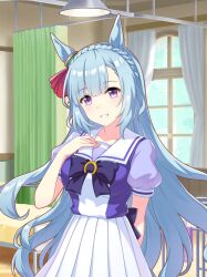  1girl absurdres animal_ears arm_behind_back artist_request back_bow bare_arms bed blue_bow blue_bowtie blue_hair blue_shirt blue_sky blunt_bangs bow bowtie braid breasts brooch ceiling_light collarbone cowboy_shot crown_braid curtains day dot_nose ear_ornament ear_ribbon eyelashes game_cg grin hand_on_own_chest happy high-waist_skirt highres horse_ears horse_girl horse_tail horseshoe_ornament hospital hospital_bed indoors jewelry light_blush long_hair medium_breasts mejiro_ardan_(umamusume) official_art pleated_skirt puffy_short_sleeves puffy_sleeves red_ribbon ribbon sailor_collar school_uniform shirt short_sleeves skirt sky smile solo standing tail tareme towel tracen_school_uniform two-tone_shirt umamusume very_long_hair violet_eyes white_sailor_collar white_shirt white_skirt window 