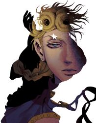  2boys argyle_clothes argyle_sweater birthmark blonde_hair dio_brando father_and_son giorno_giovanna highres joestar_birthmark jojo_no_kimyou_na_bouken male_focus multiple_boys polka_dot polka_dot_hair sos911p stardust_crusaders sweater upper_body vampire vento_aureo victory_rolls 